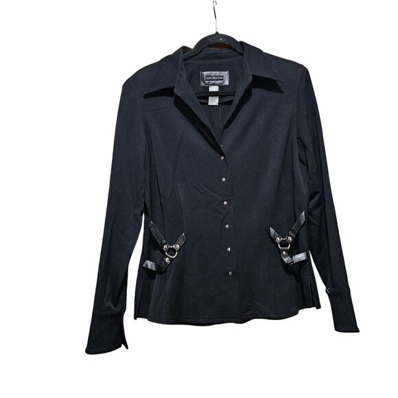 Vex Womens Black Button-Up Blouse With Decorative Ribbon & Pearl Accents - Picture 1 of 8